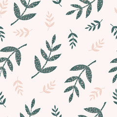 Seamless pattern with green and beige branches and leaves on a light background in hand drawn style. Spring plant background texture fabric, textile, Wallpaper, wrapping paper. vector illustration.