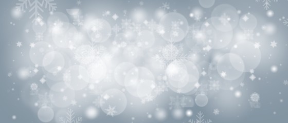Gray abstract background with white snowflakes winter and bokeh stars blurred beautiful shiny light, use illustration Christmas new year wallpaper backdrop and texture your product.