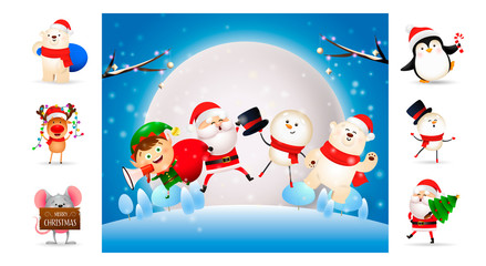 Cute Christmas cartoon characters jumping outdoors. Can be used for invitation and greeting card. New Year concept