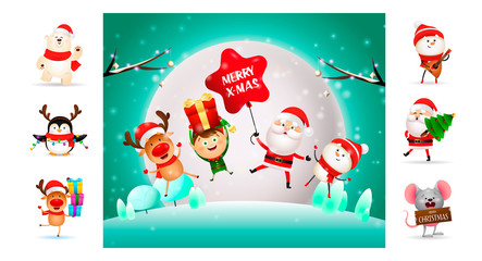 Happy Christmas cartoon characters jumping outdoors. Can be used for invitation and greeting card. New Year concept