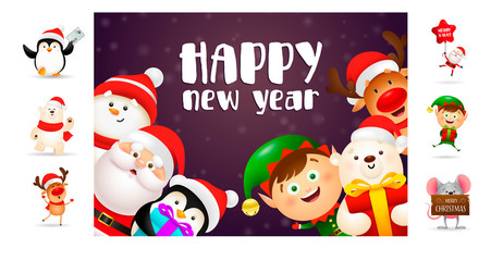 Happy New Year banner with cute cartoon characters. Text with decorations can be used for invitation and greeting card. New Year concept