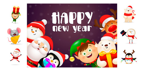 Fototapeta premium Happy New Year banner with smiling cartoon characters. Text with decorations can be used for invitation and greeting card. New Year concept