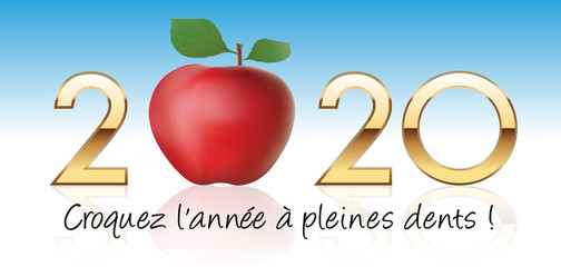 Carte de vœux pour le nouvel an 2020 montrant une pomme rouge, symbole de vie saine et diététique pour croquer la vie à pleine dents.