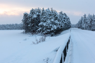 Obraz premium Road in snowy winter Lapland in the evening, Rovaniemi, Finland