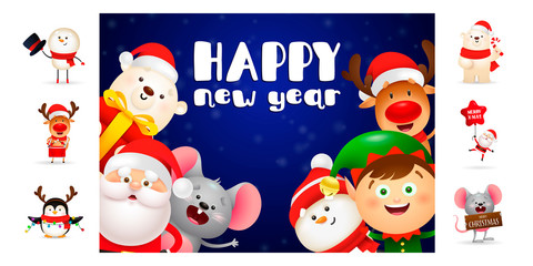 Happy New Year blue postcard. Text with decorations can be used for invitation and greeting card. New Year concept