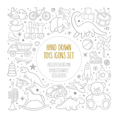 Toys collection. Hand drawn toy icons set and hand lettering alphabet with numbers. Part of set. 