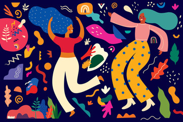 Colorful trendy pattern with abstract stylish individual design elements. Dancing people. Design for holidays Birthday, New Year, Brazil Carnival or party	
