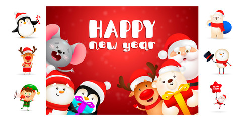 Happy New Year postcard with smiling cartoon characters. Text with decorations can be used for invitation and greeting card. New Year concept