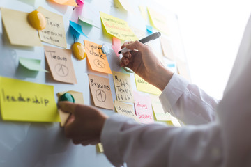 A team of business people develop a leadership concept by writing notes on stickers on a white board. The concept of a brainstorming meeting. - 307436132
