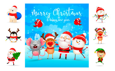Merry Christmas and happy New Year bright card. Text with decorations can be used for invitation and greeting card. New Year concept