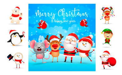 Merry Christmas and happy New Year bright poster. Text with decorations can be used for invitation and greeting card. New Year concept