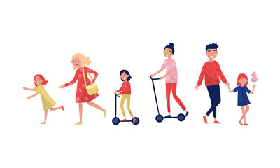 Parent Characters Walking with Their Children Vector Illustrations. Young Mother and Her Daughter Riding Scooter