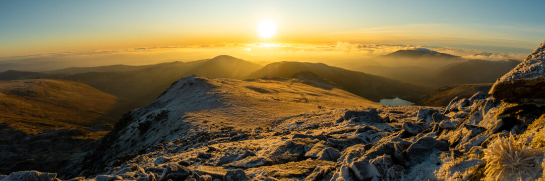 Sunrise panorama over the Snowdonia National Park in the winter, Wales- UK