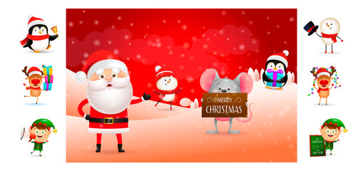 Fototapeta premium Merry Christmas banner with Santa and his helpers. Text with decorations can be used for invitation and greeting card. New Year concept