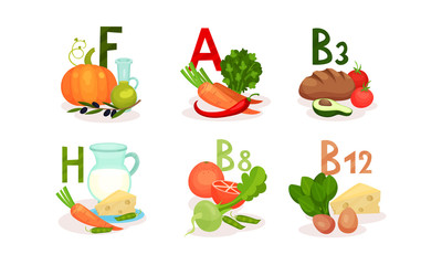 Food Items Separated by Main Vitamin Groups Vector Set