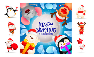 Obraz na płótnie Canvas Merry Christmas card on blue background. Text with decorations can be used for invitation and greeting card. New Year concept