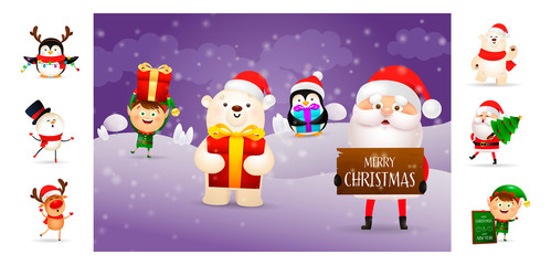 Merry Christmas card with cartoon Santa holding sign. Text with decorations can be used for invitation and greeting card. New Year concept