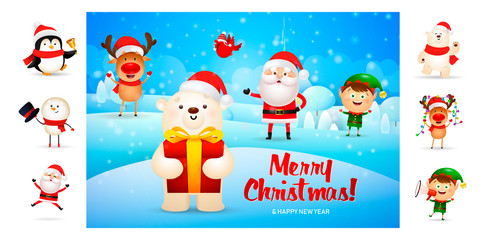 Merry Christmas card with cute bear holding gift. Text with decorations can be used for invitation and greeting card. New Year concept