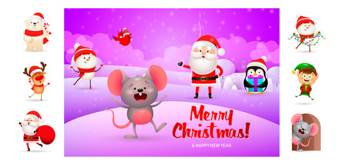 Fototapeta premium Merry Christmas card with cute cartoon mouse. Text with decorations can be used for invitation and greeting card. New Year concept