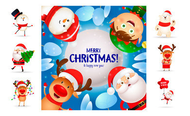 Merry Christmas card with funny cartoon characters. Text with decorations can be used for invitation and greeting card. New Year concept