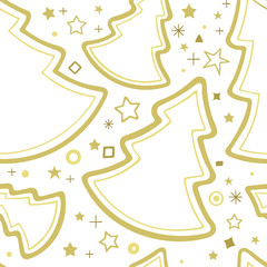 Christmas trees and golden stars seamless pattern. Hand drawn Christmas trees and stars endless background. Christmas and New Year decoration. Part of set.