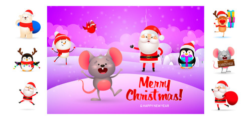 Merry Christmas card with funny cartoon mouse. Text with decorations can be used for invitation and greeting card. New Year concept