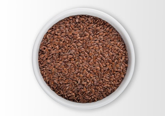 White bowl of raw natural organic linseed flax-seed on white background.