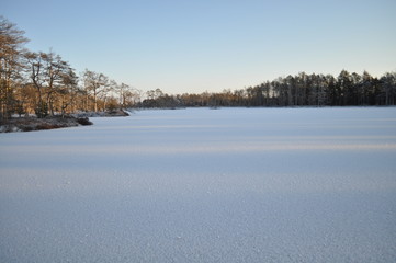 Beautiful snowy and frozen bog lake with small tree-covered islands lit by the cold winter sun and making long shadows on the snow, in Cena Moorland, Latvia