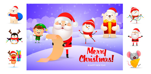 Merry Christmas card with Santa reading. Text with decorations can be used for invitation and greeting card. New Year concept
