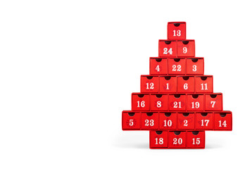 Isolated advent calendar.  Red Christmas tree made cardboard with white numbers. All numbers...