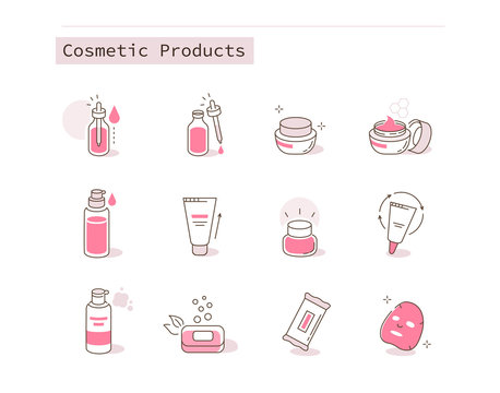 Different Cosmetic Icons Collection. Containers and Bottles with Beauty Products. Moisturizing Cream, Hygienic Products, Serum and other Skin Care Cosmetics. Flat Line Cartoon Vector Illustration.