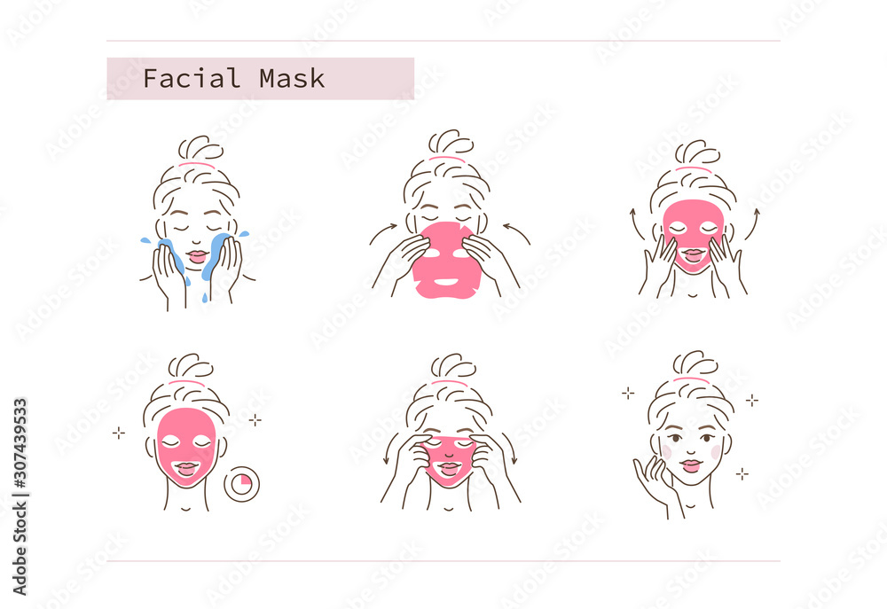 Canvas Prints Beauty Girl Take Care of her Face and Applying Facial Sheet Mask. Woman Making Skincare Procedures. Skin Care Routine, Hygiene and Moisturizing Concept. Flat Line Vector  Illustration and Icons set.