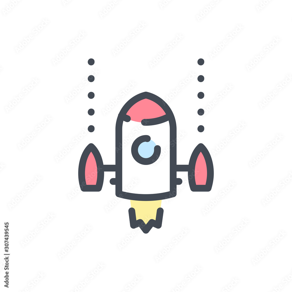 Poster spaceship color line icon. rocket vector outline colorful sign.