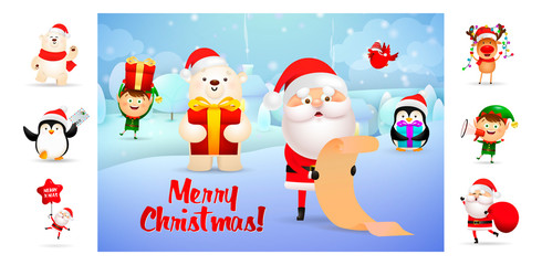 Merry Christmas colorful postcard with inscription. Text with decorations can be used for invitation and greeting card. New Year concept