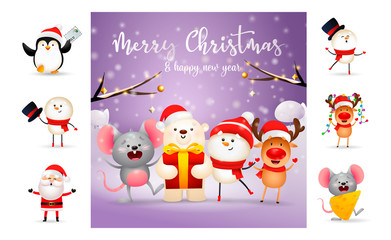 Fototapeta premium Merry Christmas greeting card on purple background. Text with decorations can be used for invitation and greeting card. New Year concept