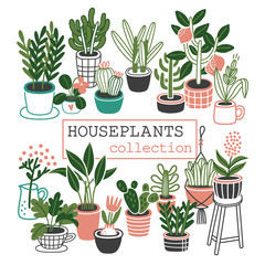 Flowerpots collection. Set of cute Flowers in vases. Vector collection. House plants.