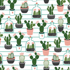 Cute Flowers in pots on white background. House plants. Seamless background pattern. Vector illustration for textile print, wallpaper, wrapping paper. 