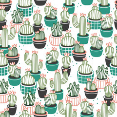Cute Flowers in pots on white background. House plants. Seamless background pattern. Vector illustration for textile print, wallpaper, wrapping paper. 