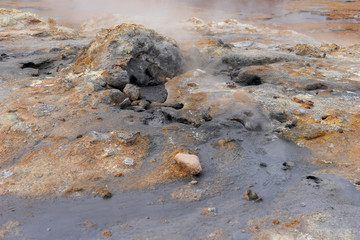 Hot mud pots in the Geothermal Area Hverir in Iceland. Europe