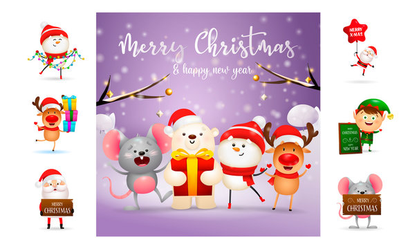 Merry Christmas greeting postcard. Text with decorations can be used for invitation and greeting card. New Year concept