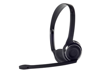 Black headphones with microphone isolated on white background. Close-up.