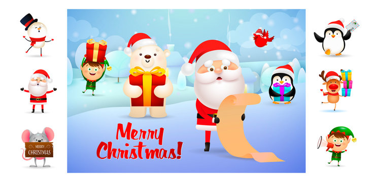 Merry Christmas postcard with cartoon Santa Claus. Text with decorations can be used for invitation and greeting card. New Year concept