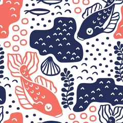 Foto op Plexiglas Underwater pattern design. Seamless pattern with carp fishes. Great for fabric, textile, wrapping paper. Vector Illustration. © @nekoshki