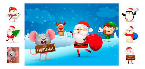 Merry Christmas postcard with Santa Claus and helpers. Text with decorations can be used for invitation and greeting card. New Year concept