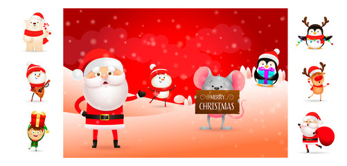 Merry Christmas poster with cartoon Santa and helpers. Text with decorations can be used for invitation and greeting card. New Year concept