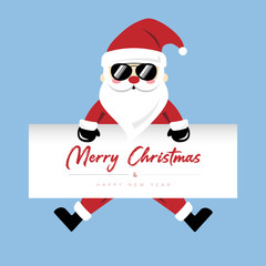 Cool Santa Claus wearing black sunglass in cartoon style holding a merry Christmas and  happy new year on white background for greeting card, banner, poster decoration and design. 
