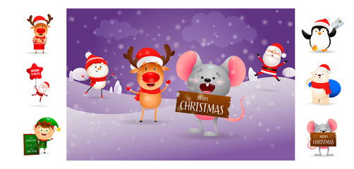 Merry Christmas poster with smiling cartoon mouse. Text with decorations can be used for invitation and greeting card. New Year concept
