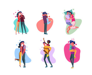 Set of affectionate couples embracing in love. Happy young men and women lovers hugging, holding hands, kissing, dating together. Romantic feelings, passion and relationship flat vector illustration