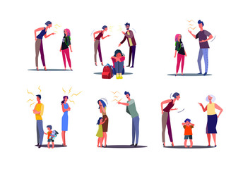 Fototapeta na wymiar Set of angry people having conflict with wife, husband and child. Men and women arguing and shouting at spouses in presence of unhappy crying kid. Family relationship problem flat vector illustration