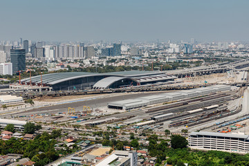 Obraz premium BANGKOK, THAILAND - NOV, 26, 2019 : Aerial view of Bang Sue central station, the new railway hub transportation building under construction in Bangkok, Thailand.